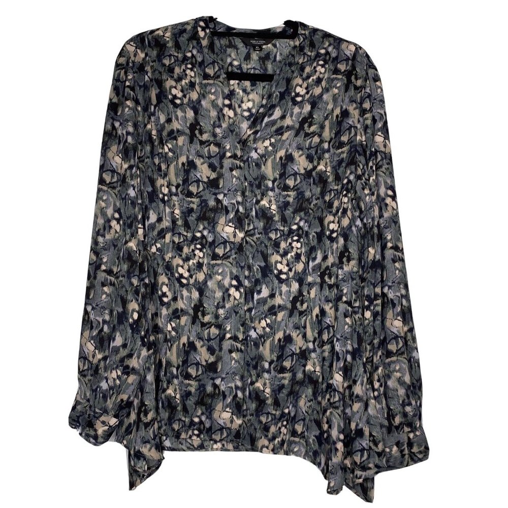 Simply Vera Size XL Black Print Handkerchief Hem Semi Sheer Long Sleeve Top
